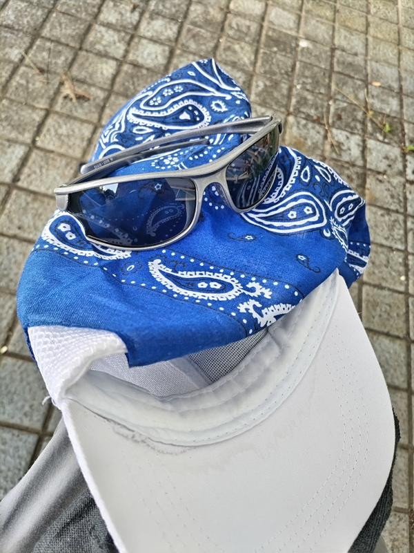 仕事の日の昼休み、公園のベンチにいる時の膝の上に置いた帽子とバンダナとサングラス