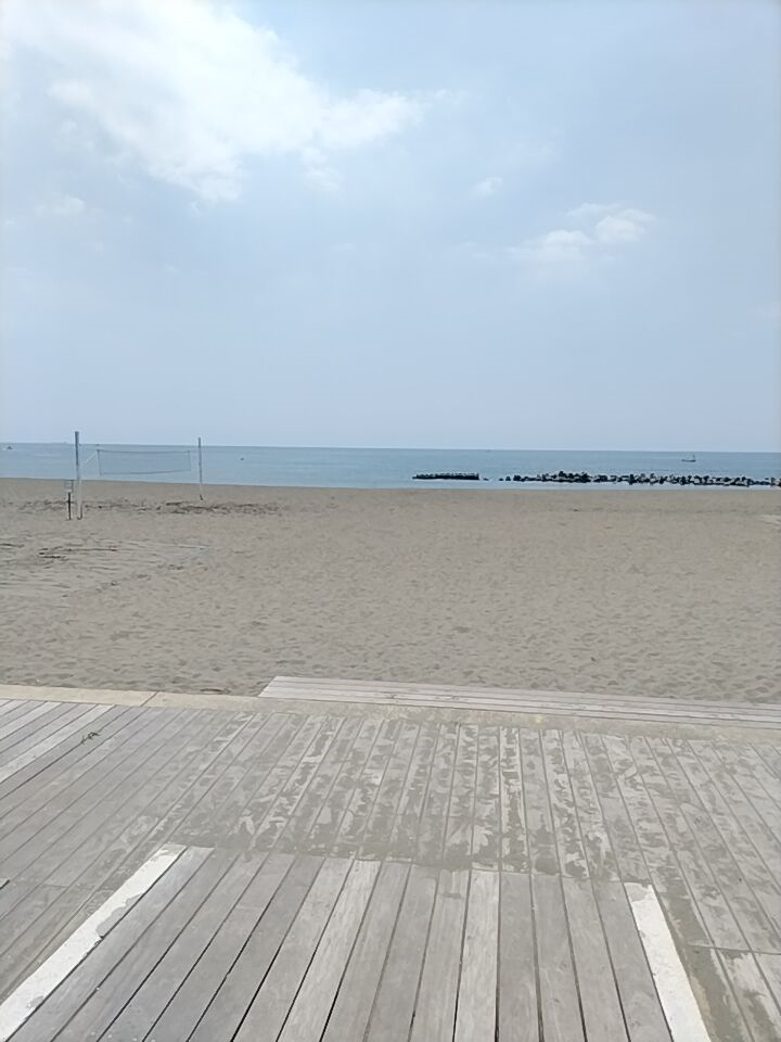 ひきこもりニートから脱して働き出して二日目の、清掃現場となった平塚市の海岸を、湘南ひらつかビーチセンターから映した様子