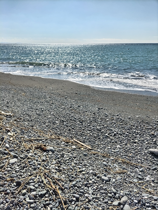 元引籠り撮影の二宮町の梅沢海岸の美しい砂浜と海