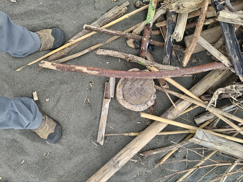 元ニート引籠りの俺が集めた流木の束の近くにいた齋藤健一の足（辻堂海岸）
