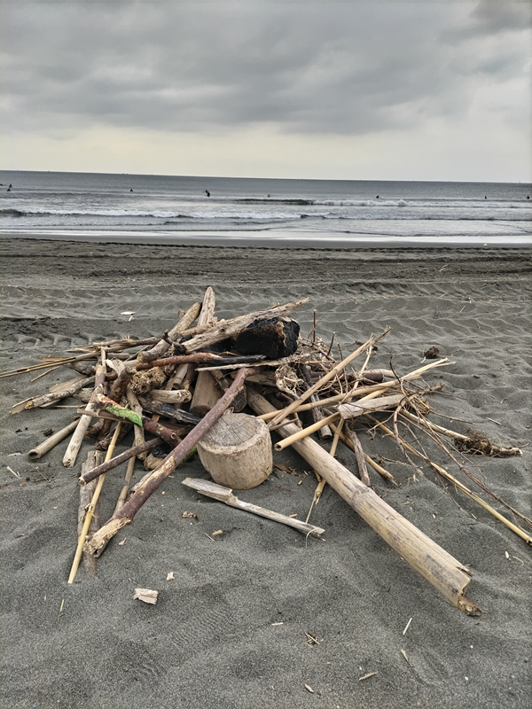 元ニート引籠りの俺が撮影した流木の山とサーファーが泳ぐ辻堂海岸の海