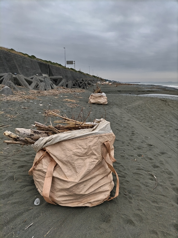 元ニート引籠りの齋藤健一が大磯町の海岸で集めた流木を沢山入れた袋が縦に並んでいる様子