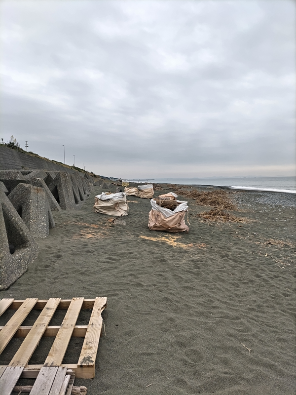 元ニート引籠りの齋藤健一が大磯海岸の砂浜に並んだ流木と木くずが大量に入った袋と手前の壊れたパレットを見ていた時の景色
