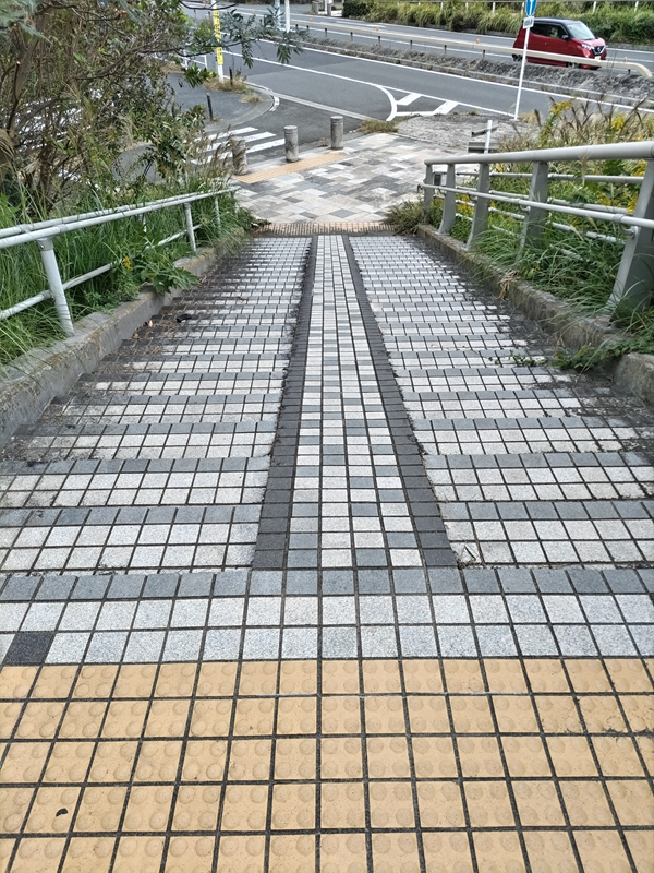 引籠りニートだった齋藤健一が海岸清掃の仕事から帰る途中に階段を下っている場面