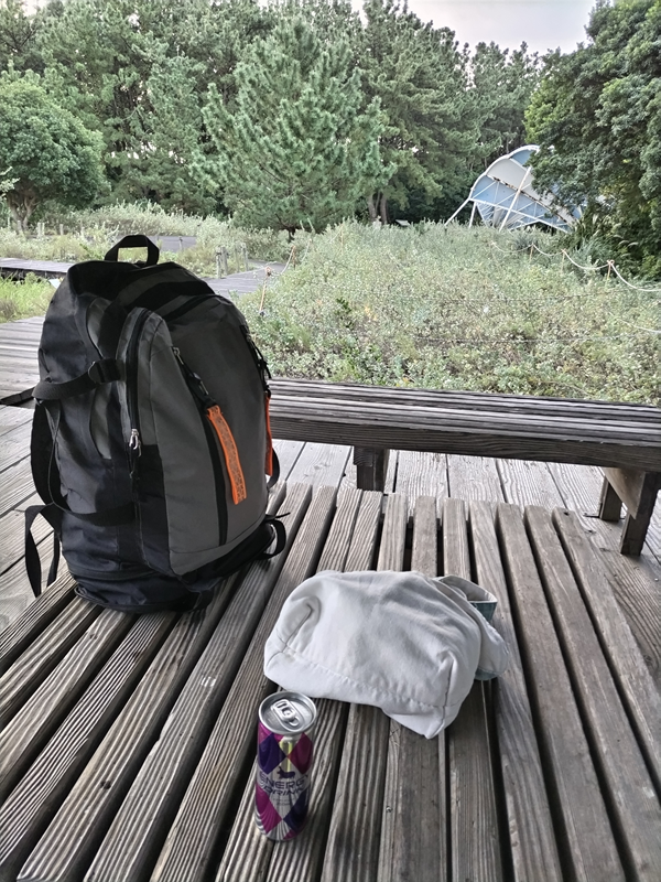 引籠りニートだった齋藤健一が自然公園内の木製ベンチに置いた黒いリュックとエナジードリンクと弁当袋