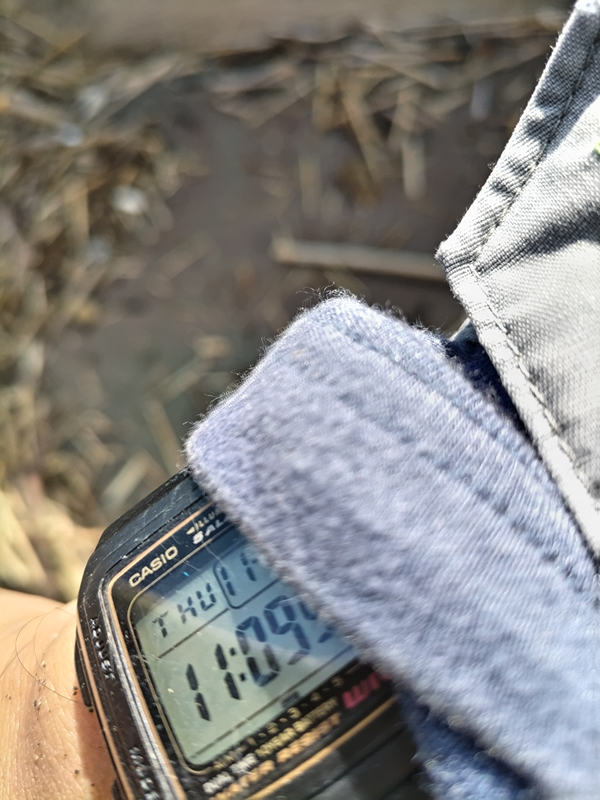 引籠りニートだった齋藤健一が右腕に装着したデジタル腕時計の時刻を見ているところ