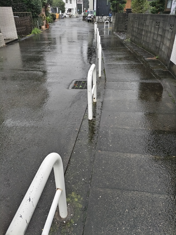 雨天の中、引籠りだった齋藤健一が滑らないように慎重に歩いていた道路