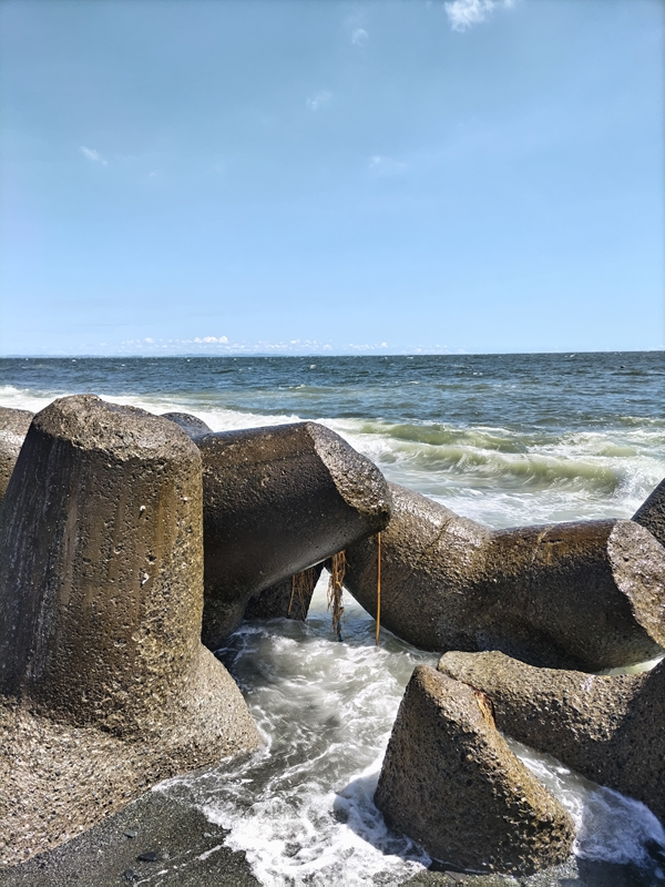 元ニート引籠り撮影の二宮町の梅沢海岸前のテトラポットが波で濡れた様子