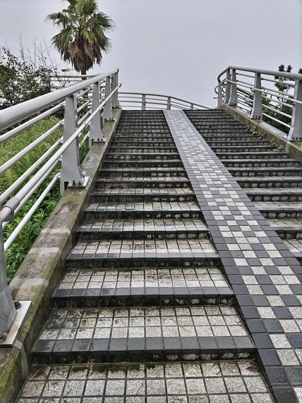 元ニートの齋藤健一が雨で濡れた階段を一段一段と上がって行く光景