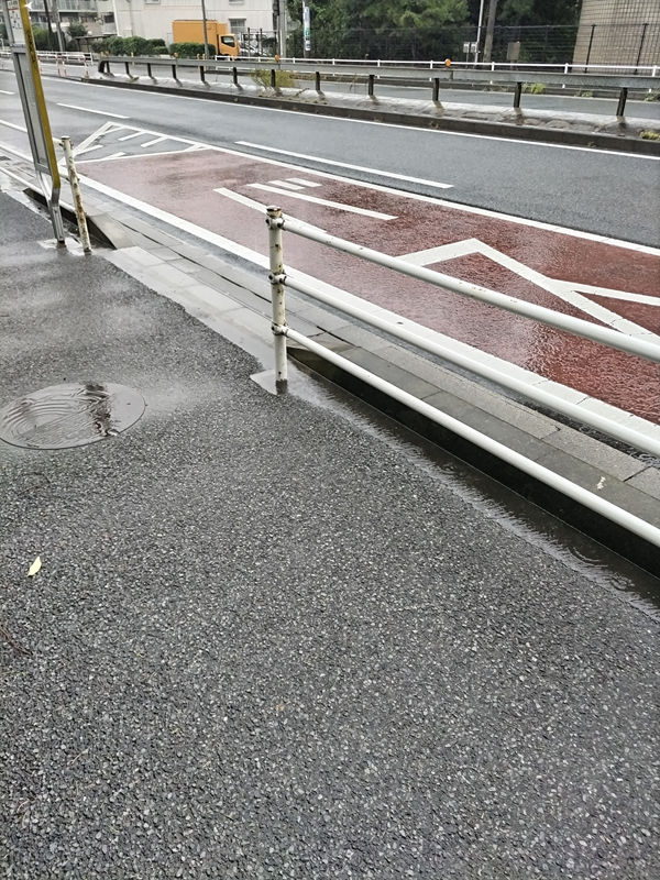 元引籠りニートの俺が職場に行く為に降り立った汐見台バス停前が雨に濡れた様子