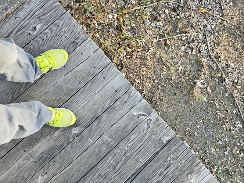 元ニート引籠りのセル齋藤がミズノのレモンイエローのスニーカーを履いて古い木製床に立っている様子