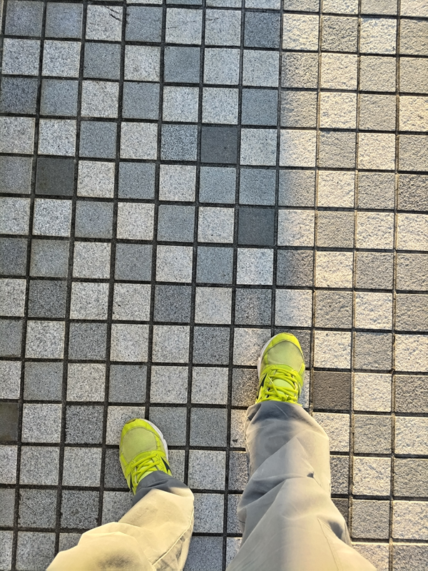 引籠りニートだったセル齋藤が帰宅時に黄色いスニーカーを履いてタイル張りの地面を歩いている様子