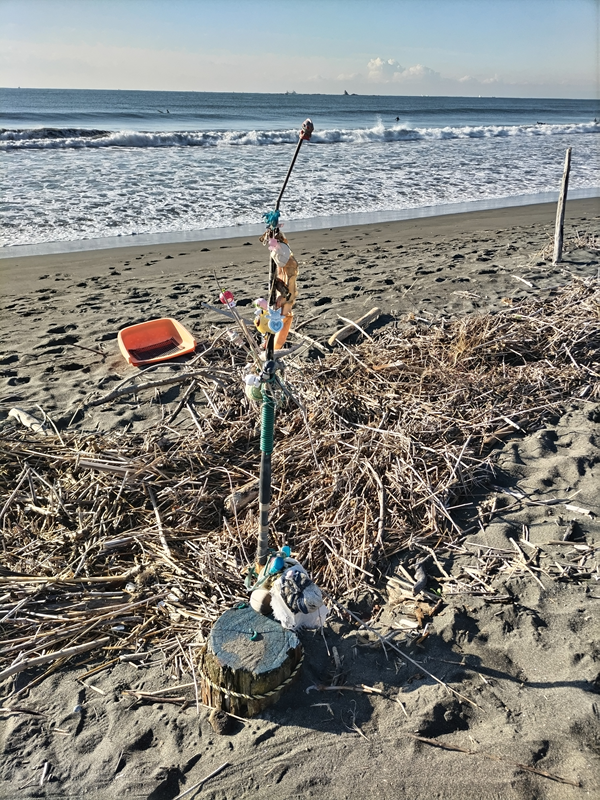 元引籠りニートの齋藤健一が海岸清掃をしていた茅ケ崎の3号水路と4号水路の間の砂浜に木くずが大量に押し寄せている様子