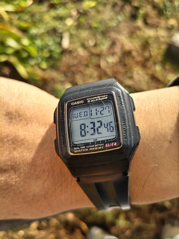 元ニート引籠りが右腕にカシオのデジタル腕時計の時刻表示を見ているところ