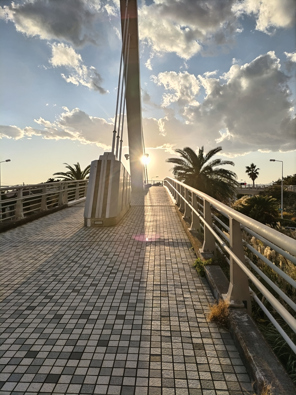 元引籠りニートが見ていた歩道橋の構造物の脇から覗く黄金色に輝く太陽