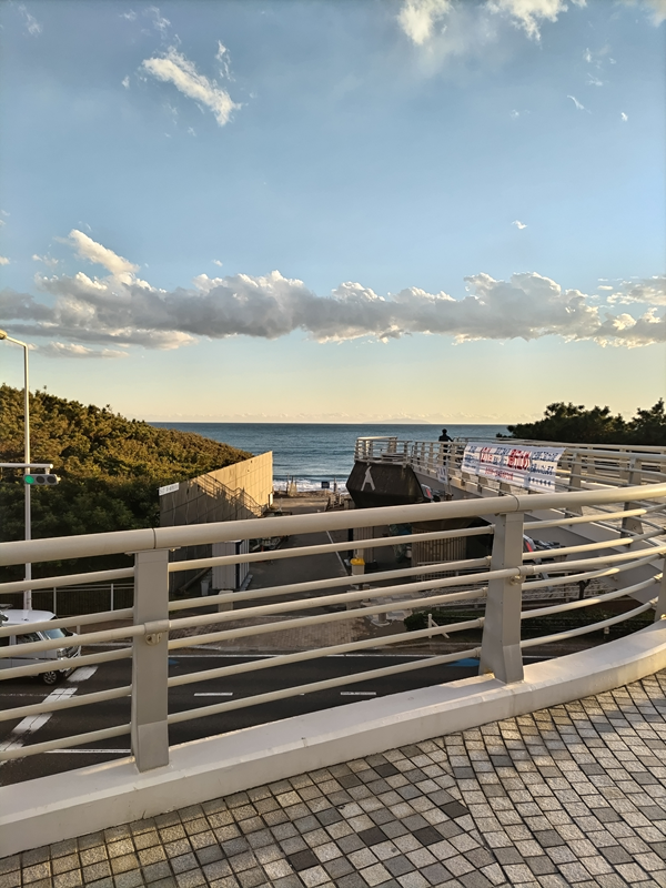 引籠りニートだった齋藤健一が茅ケ崎の浜須賀の海を歩道橋の上から見ている様子