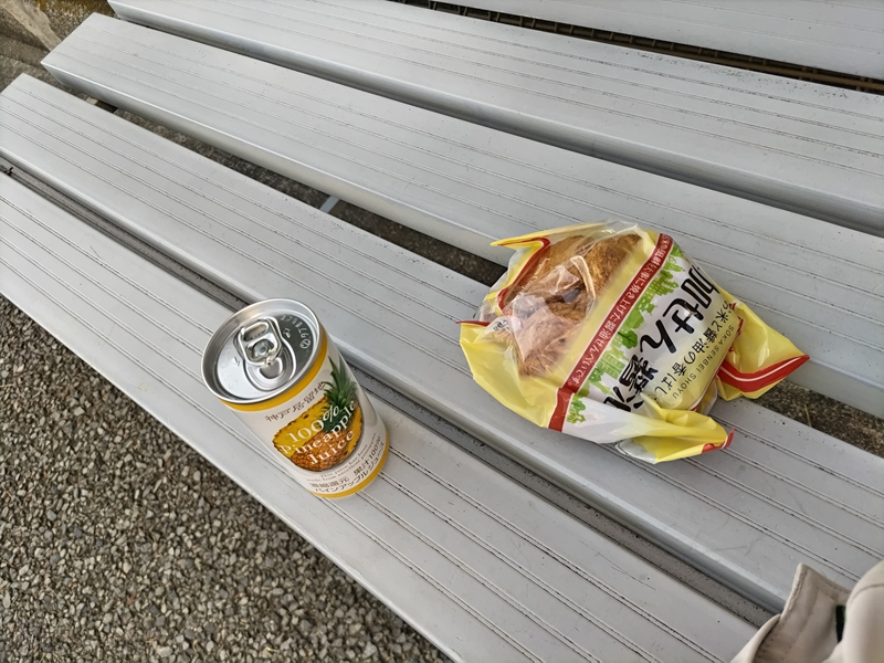 元ニート引籠りが帰宅時に白いベンチに置いたせんべいとパインジュース