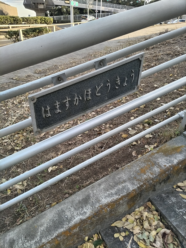 元ニート引籠りのセル齋藤が【はますかほどうきょう】と書かれた歩道橋の看板を見ている様子