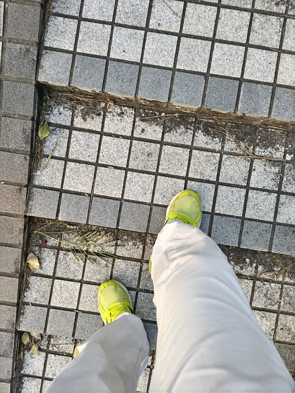 元引籠りのセル齋藤が黄色いスニーカーを履いて階段を上っているところ