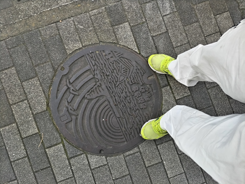 元ニート引籠りのセル齋藤が地面を眺めて茅ケ崎市のマンホールを見ている様子