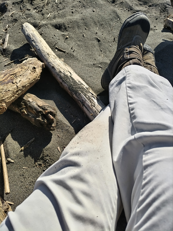 元ニート引籠りのセル齋藤が足を組んで砂浜に座っている様子と、その横にある流木