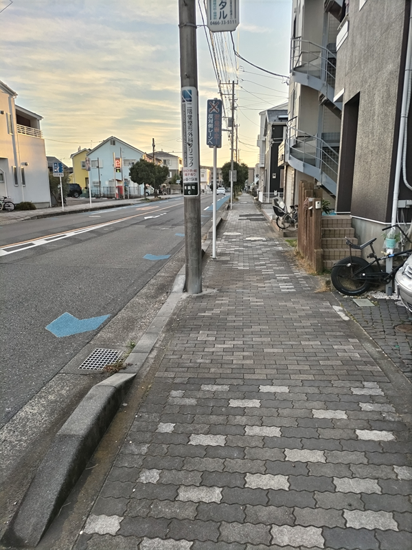 引籠りニートだった齋藤健一が茅ケ崎市の歩道脇に立つ電柱を見ている様子