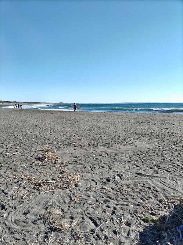 元ニートが見ていた大磯町の木くずで汚れた海水浴場とサーファーの姿