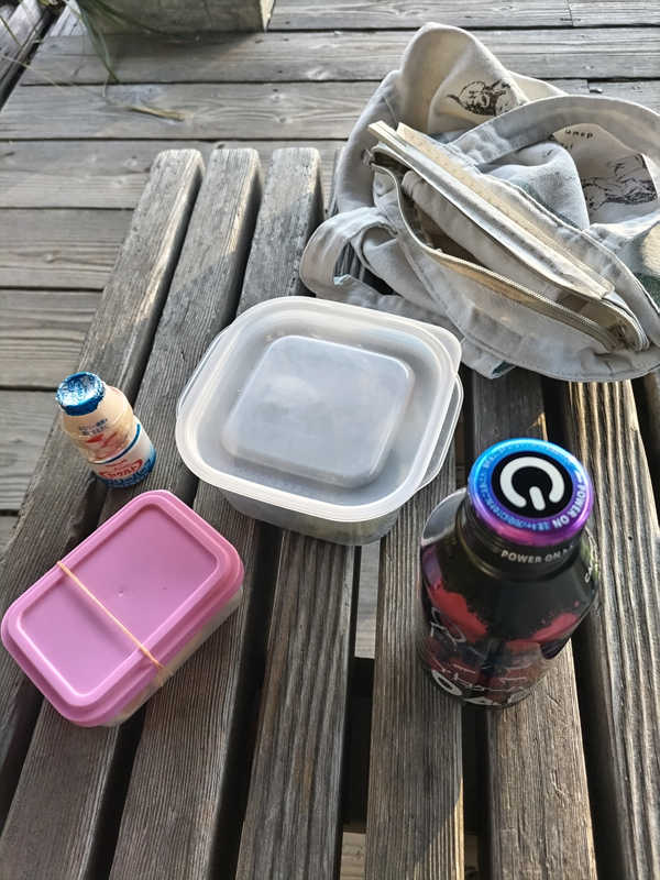 引籠りニートだった齋藤健一が木製テーブルに広げた弁当とエナジードリンクとヤクルトとピンク色の果物入れの容器