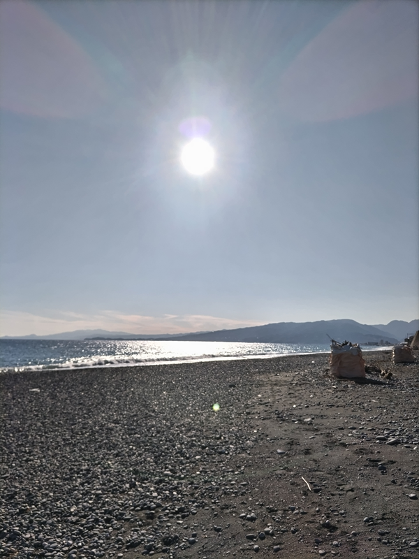 元ニートが二宮町の押切海岸の頭上に輝く太陽を見ている場面