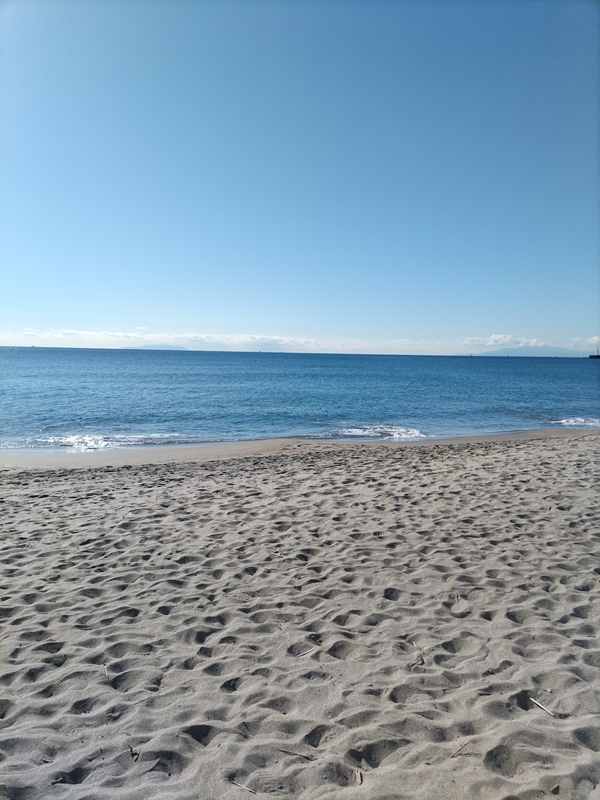 元ニート引籠りのセル齋藤が七里ヶ浜海岸の快晴の空の下の海を見ている様子