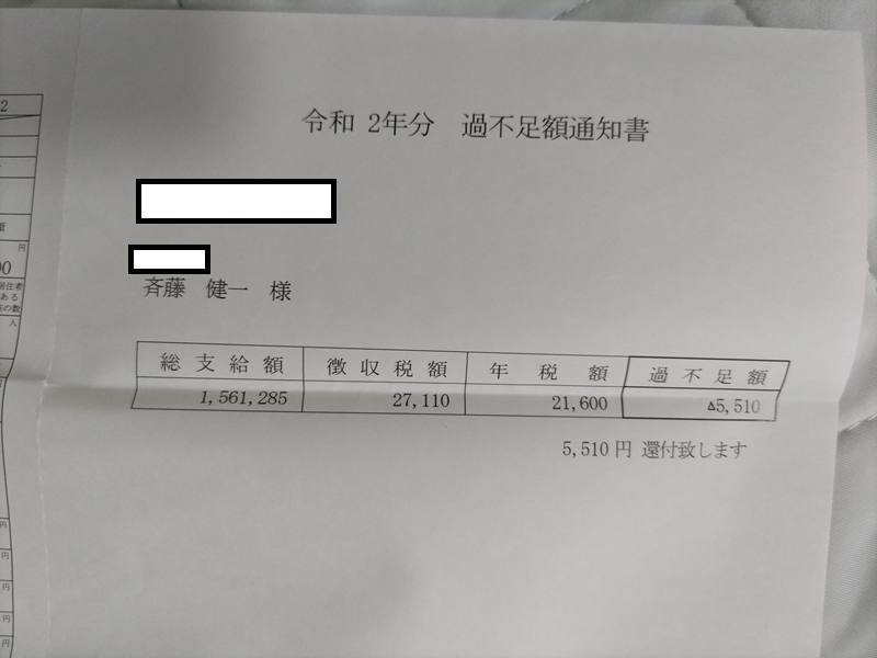 令和2年分　給与所得の源泉徴収票の過不足額通知書